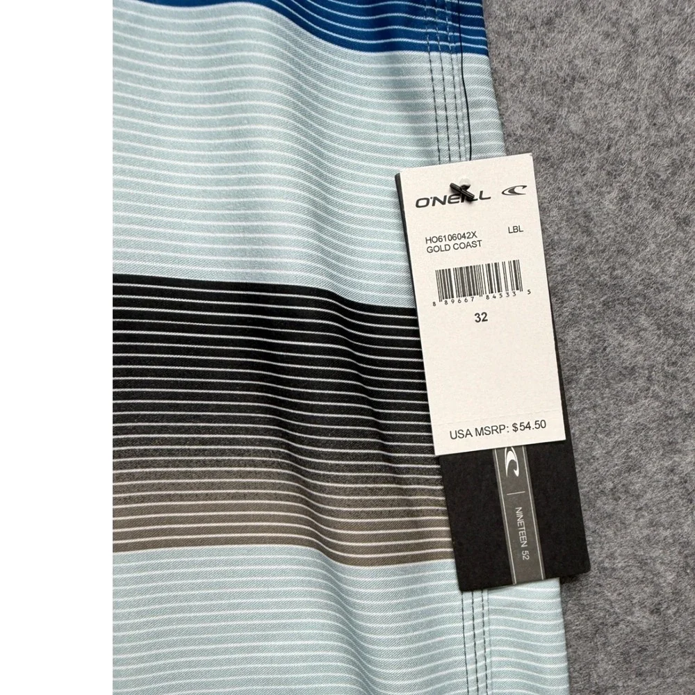 ONeill Hyperfreak Mens Board Shorts Blue Grey Striped Swim Trunks Size 32